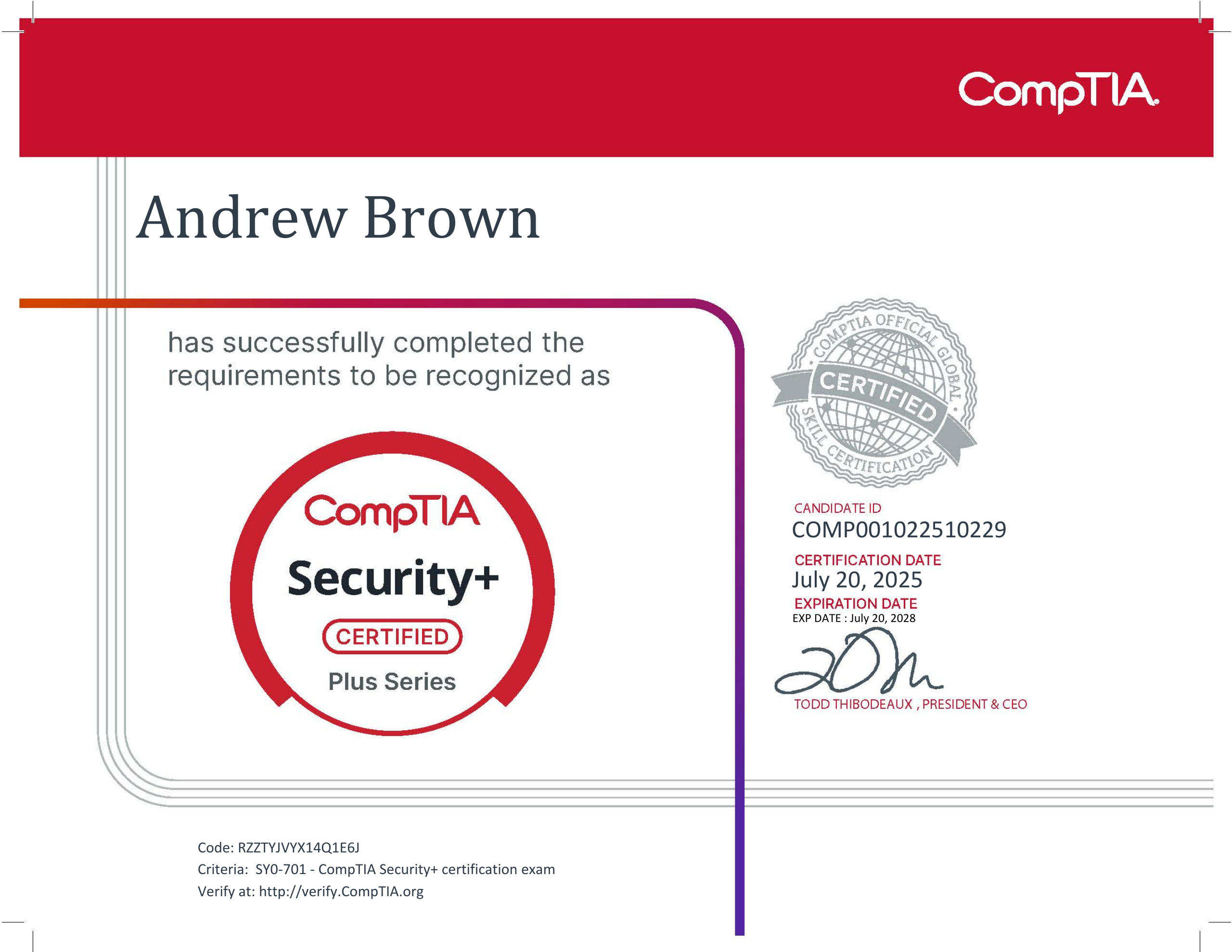 CompTIA Security+ certificate